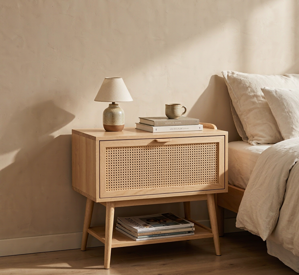 Rattan Cane Nightstand with Drawer