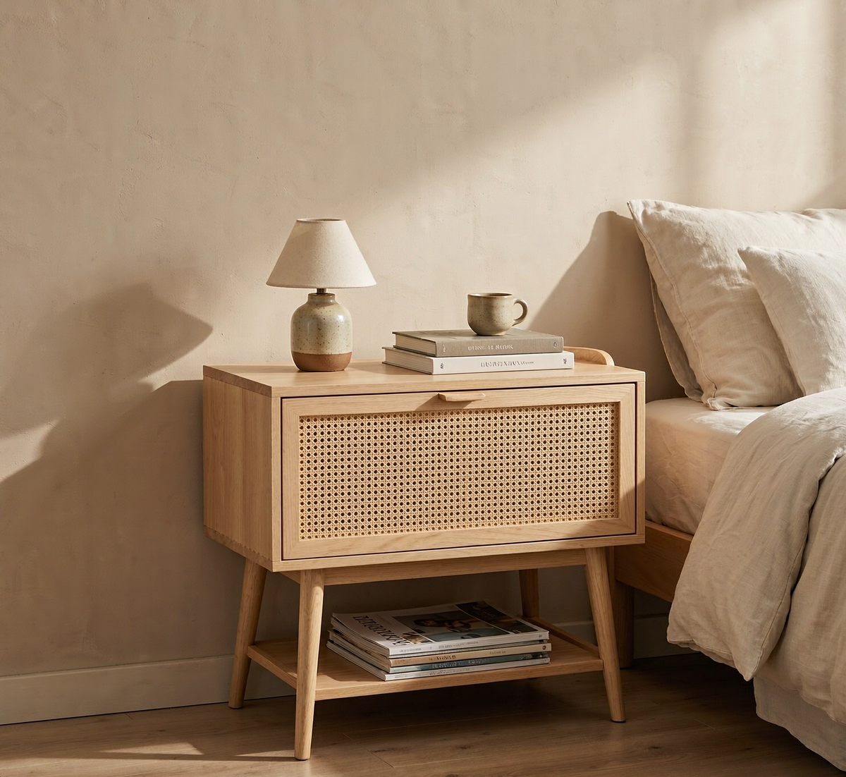 Rattan Cane Nightstand with Drawer
